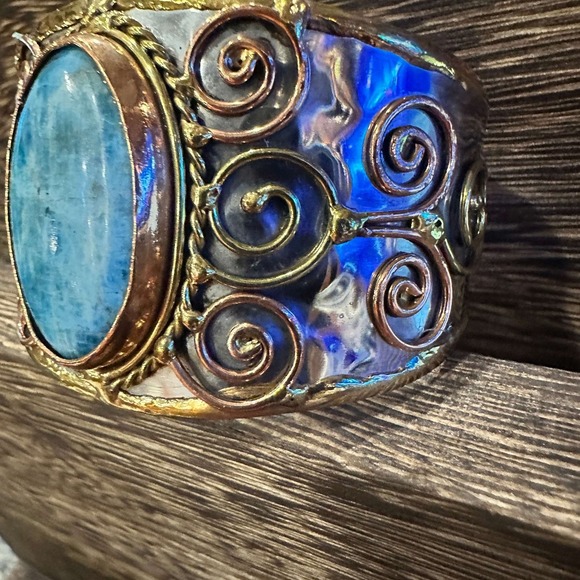 Artisan-Made 2-inch Wide Cuff Bracelet with Apatite Stone and Mixed Metals, Adj - Picture 2 of 12